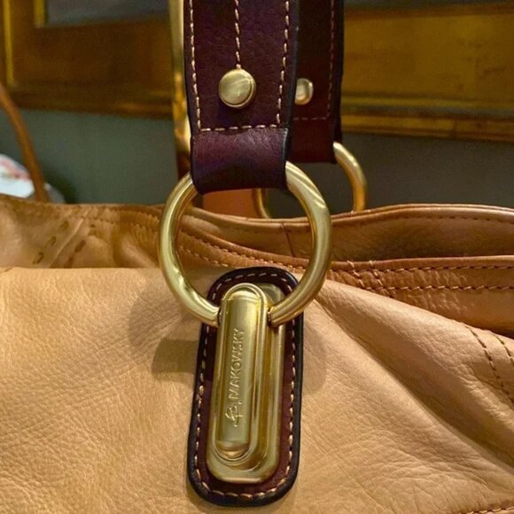 B Makowsky Cream/Brown/Caramel Smooth Leather Large Tote Shoulder Bag EUC - Picture 6 of 17